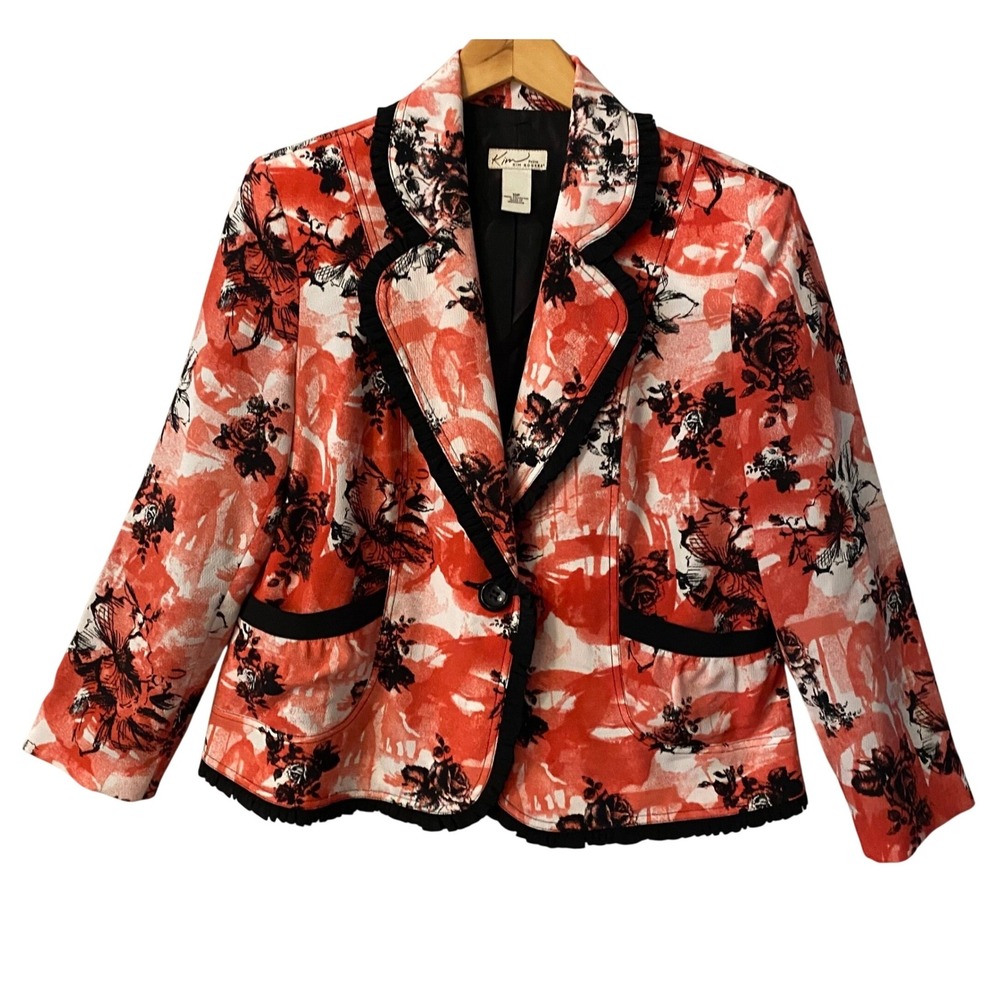 Kim Rogers Petite Womens 10P Red Floral Abstract Ruffle Trim Blazer Jacket